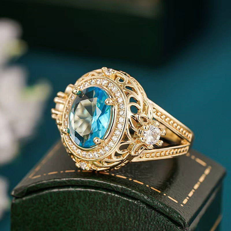 14K Gold Plated Vintage Blue Gemstone Ring