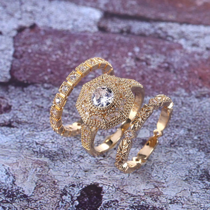 Vintage Stacking Aesthetic 14K Gold Plated 3-Piece Pavé Ring Set