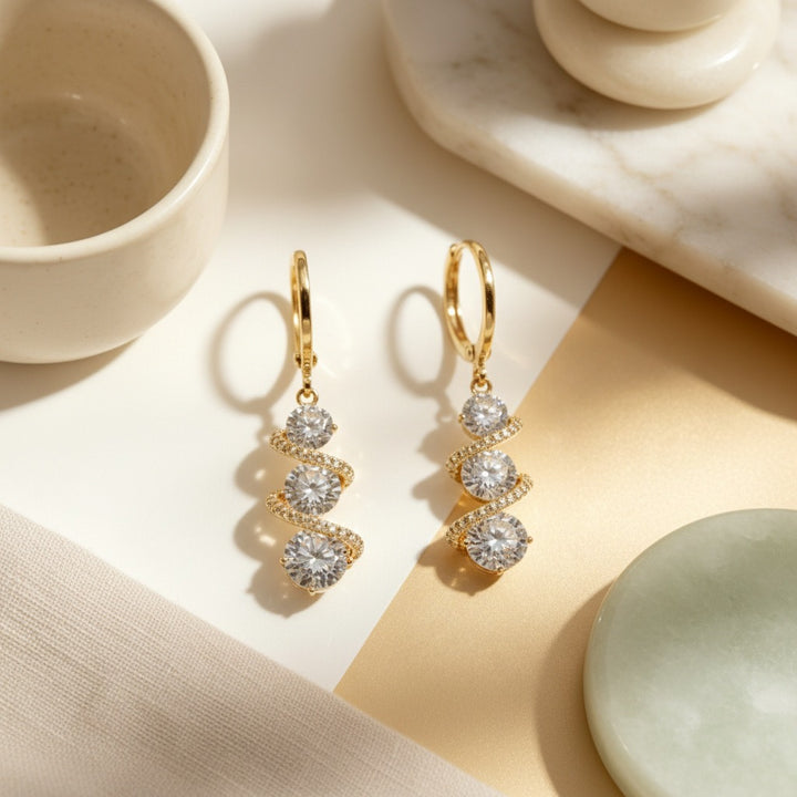 Galaxy Spiral S925 Silver Micro-Pavé Triple-Stone Huggie Earrings