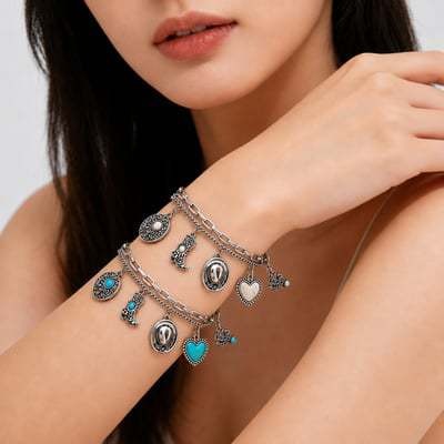 Western Wanderlust S925 Silver/Bronze Double Layer Turquoise Charm Bracelet