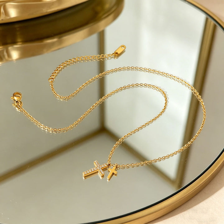 18K Gold Plated Minimalist Double Cross Necklace