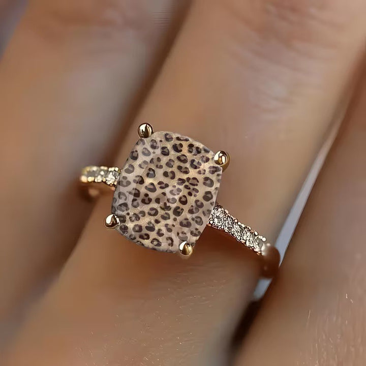 14K Gold Plated Leopard Print Gemstone Pavé Ring