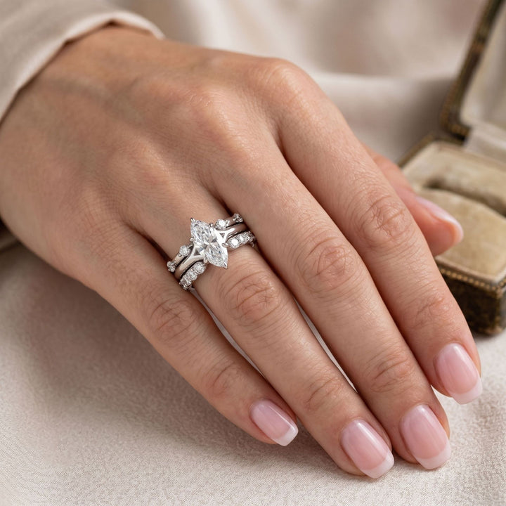 French Elegance Marquise-Cut Solitaire Pavé Stacking Ring Set