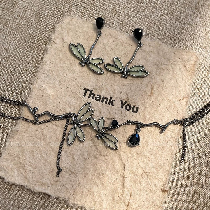 Blackened Silver Double-Chain Dragonfly Iridescent Necklace Earrings Set