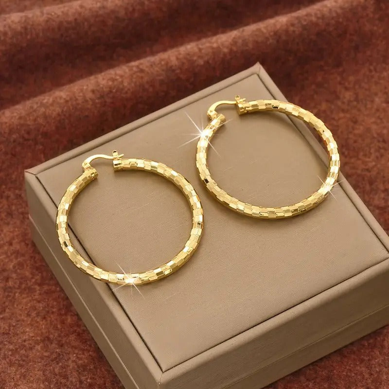 Gold Geometric Brick-Texture Hoop Earrings
