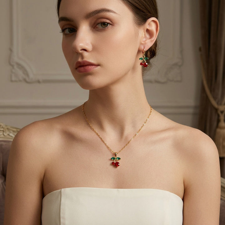 S925 Silver Gold-Plated Cherry Charm Necklace Earrings Set