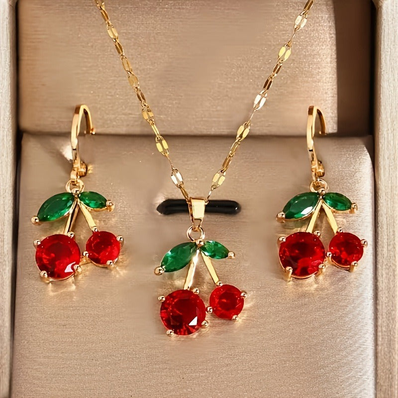 S925 Silver Gold-Plated Cherry Charm Necklace Earrings Set