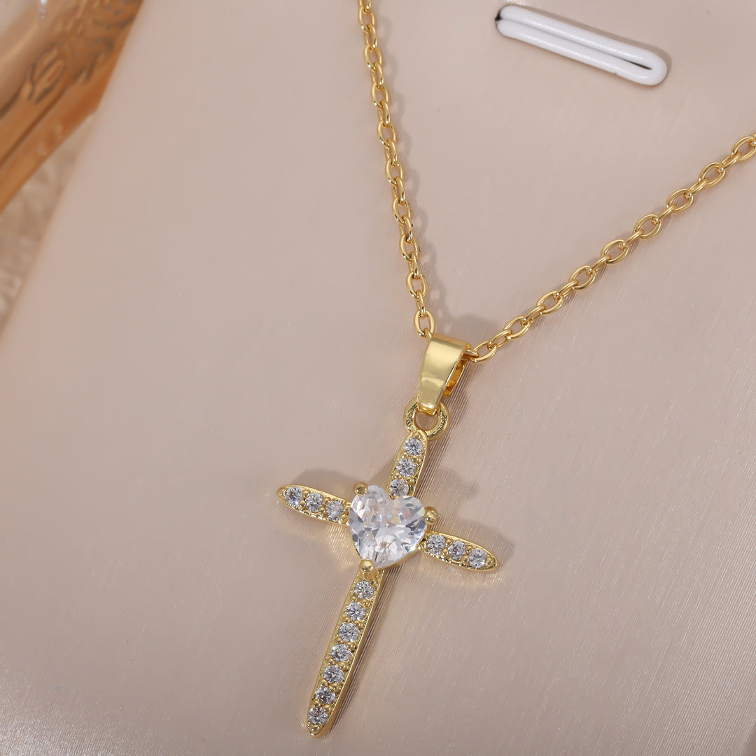 14K Gold Plated Micro-Pavé Heart Cross Necklace