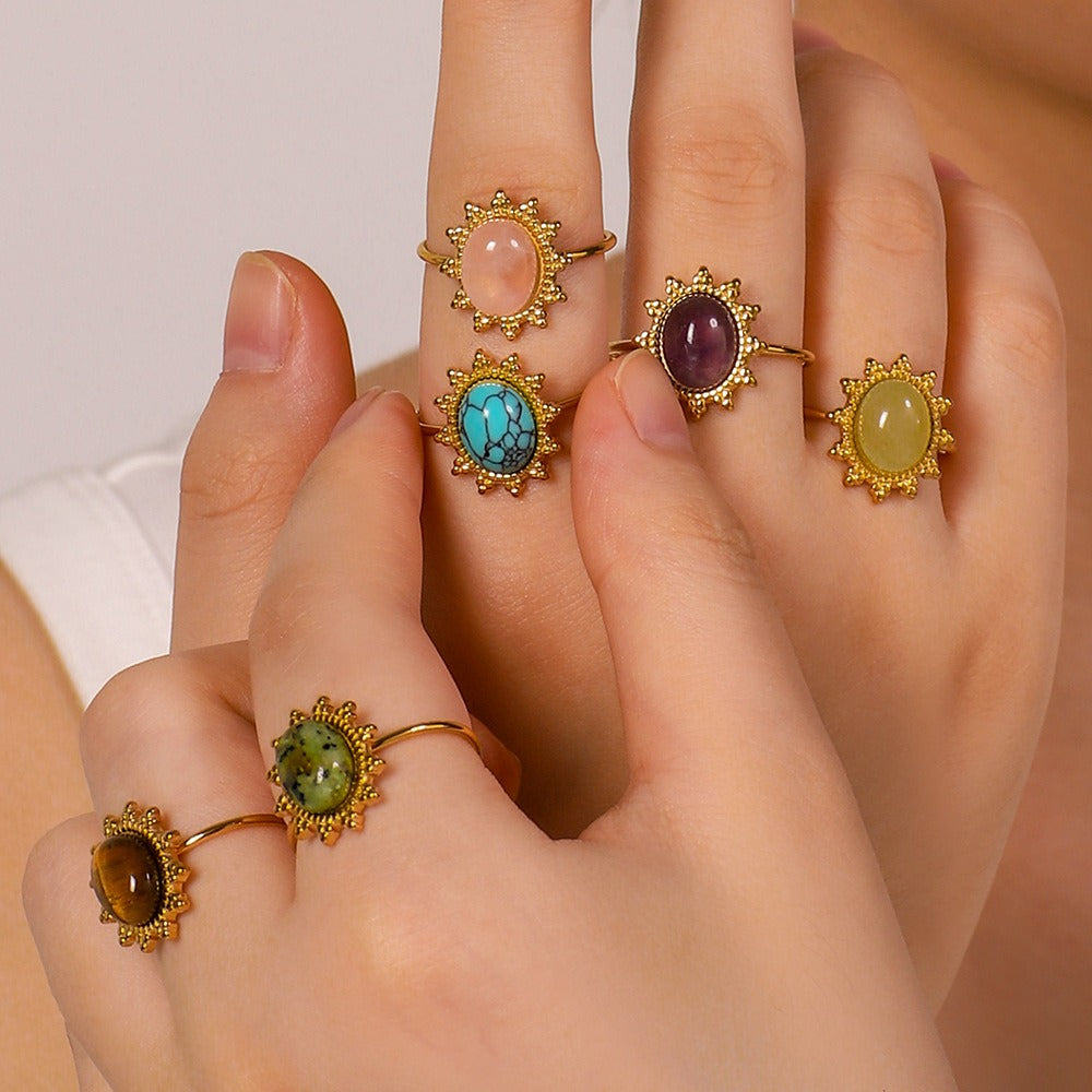 Whisper of the Sun Natural Stone Cabochon Sunburst Adjustable Ring