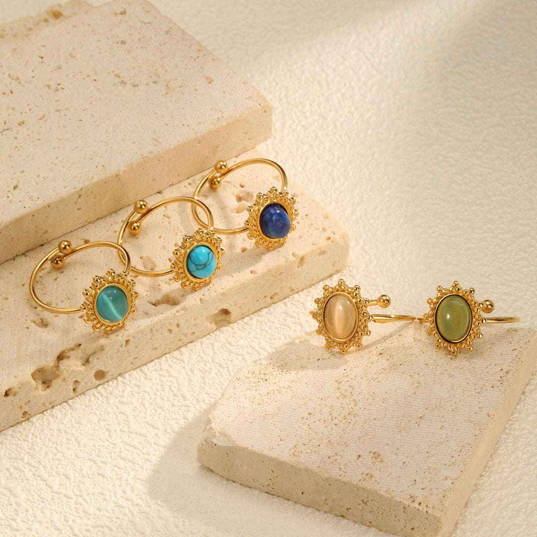 Whisper of the Sun Natural Stone Cabochon Sunburst Adjustable Ring