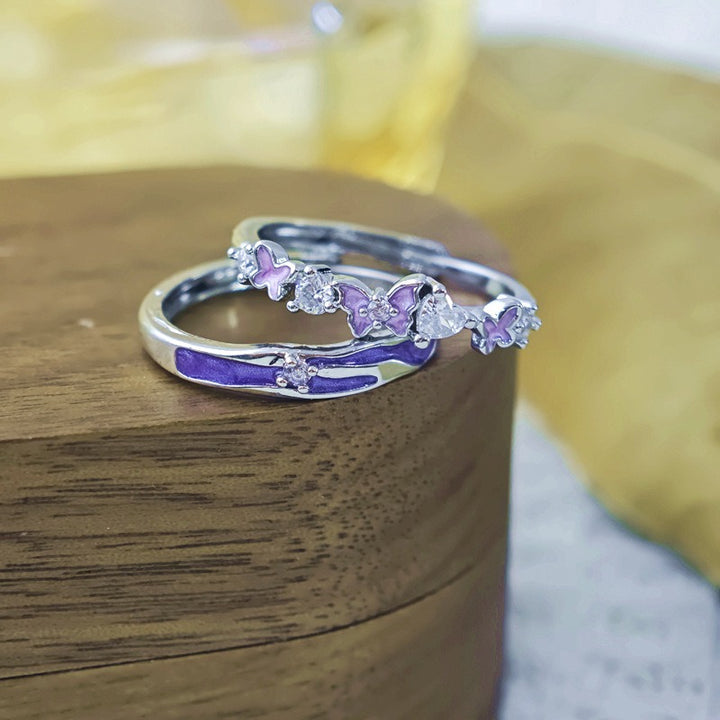 S925 Silver Purple Enamel & Butterfly Stackable Rings