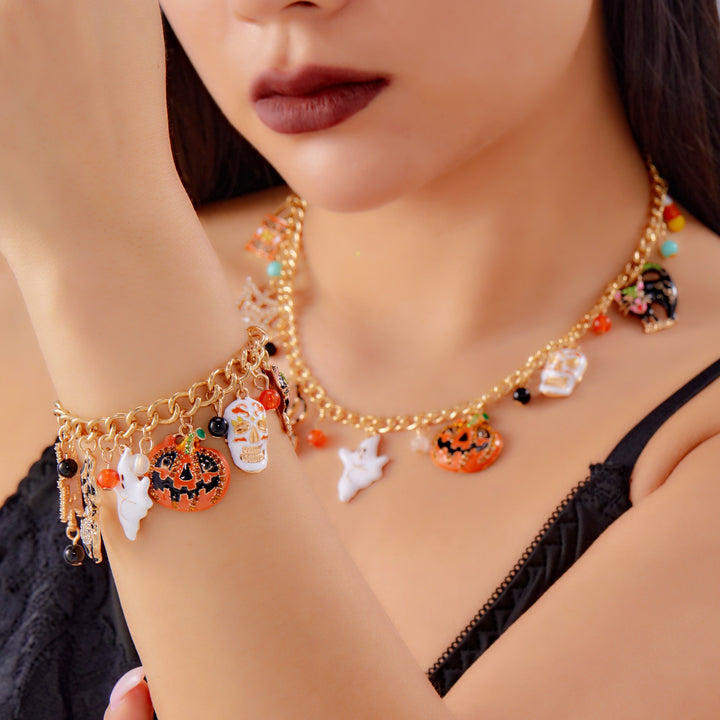 Halloween Bash Ghost, Pumpkin & Spider Charm Chunky Chain Bracelet Necklace Set