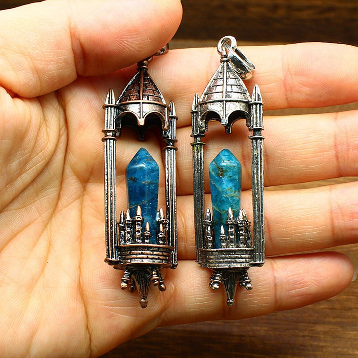 Gothic Boundary Guardian Natural Crystal Point Castle Pendant Necklace