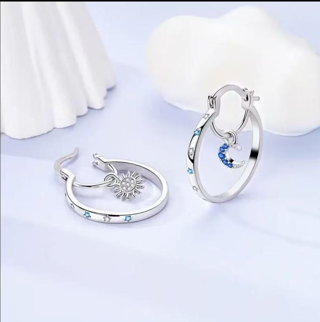 Celestial Orbit Sun Moon Asymmetrical Hoop Earrings with Pavé Stars