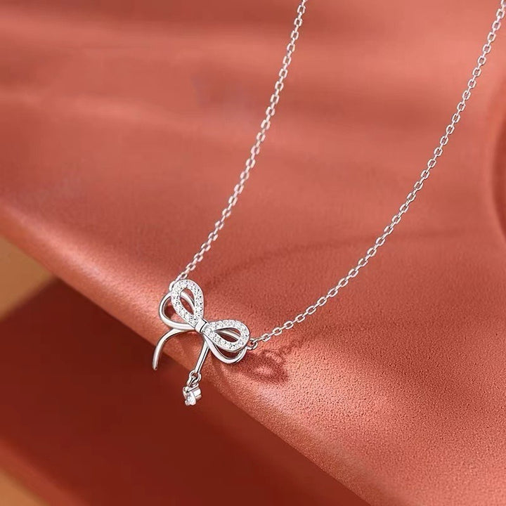 S925 Sterling Silver Pavé Bow Necklace with Dangling Charm