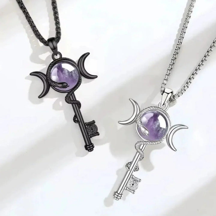 Hecate's Key Triple Moon Goddess Snake-Wrapped Amethyst Talisman Necklace