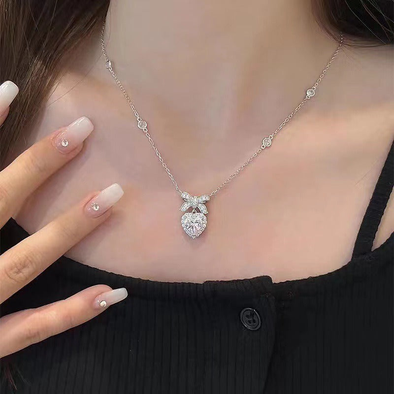 S925 Sterling Silver Pavé Bow Heart Pendant Necklace