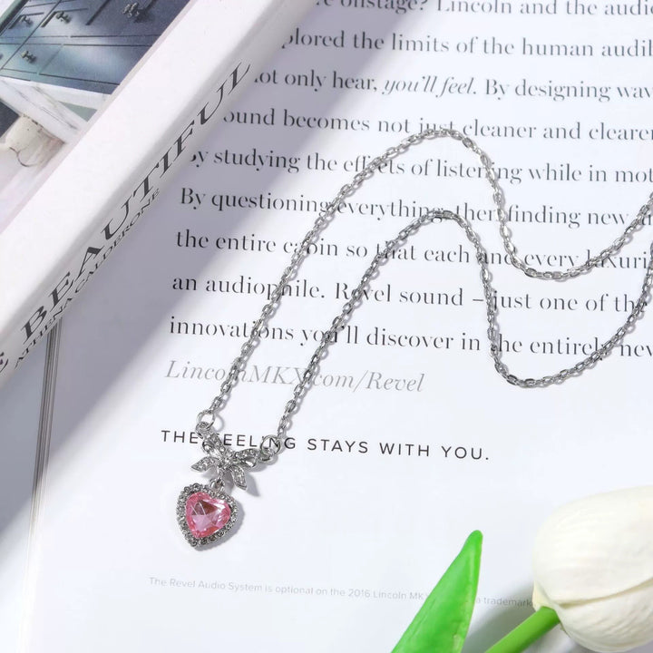 S925 Sterling Silver Pavé Bow Heart Pendant Necklace
