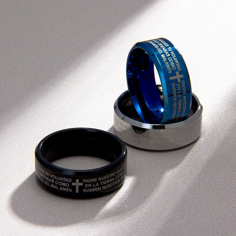 Light of Faith Stainless Steel Lord's Prayer Cross Wide Band Ring