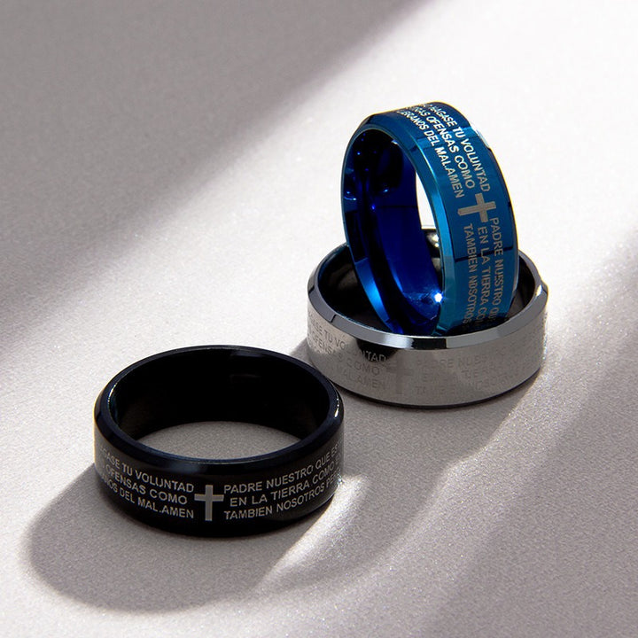 Light of Faith Stainless Steel Lord's Prayer Cross Wide Band Ring