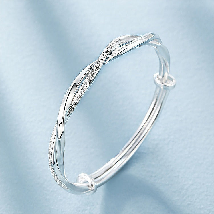 S925 Sterling Silver Twisted Dual-Texture Open Bangle