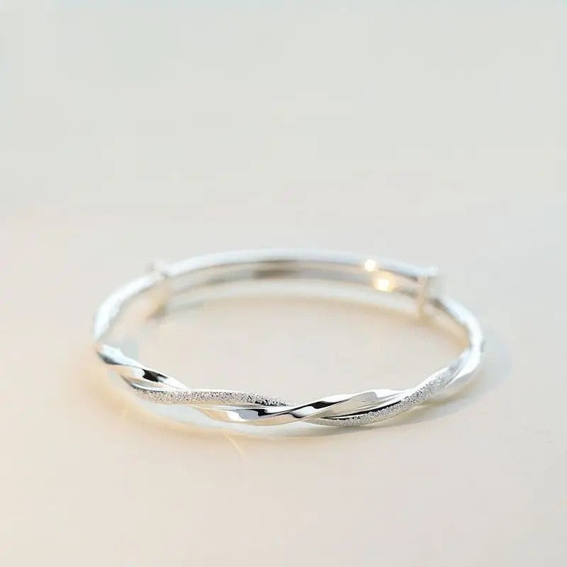 S925 Sterling Silver Twisted Dual-Texture Open Bangle