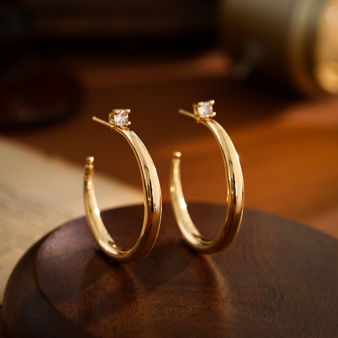 Minimalist Chunky C-Hoop Stud Earrings with Pavé Crystal