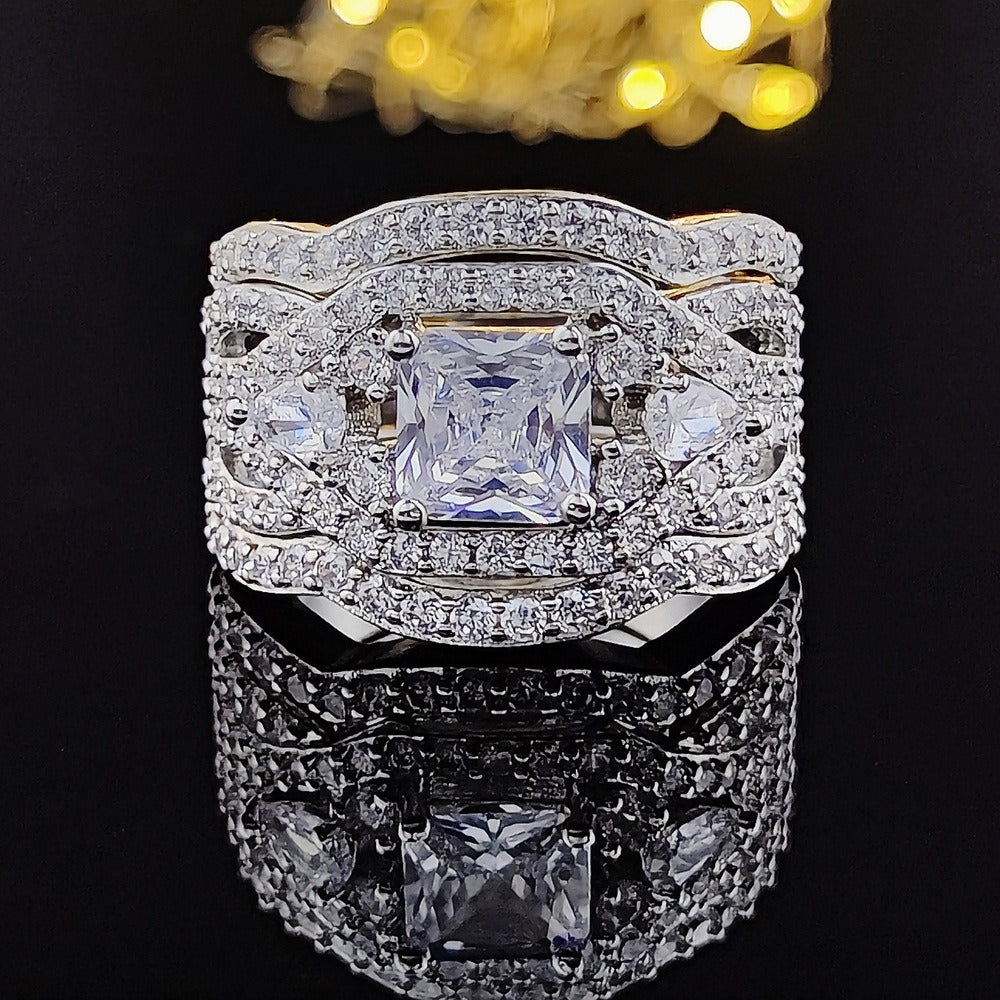 S925 Sterling Silver Princess-Cut Marquise Halo Pavé Wide Band Ring
