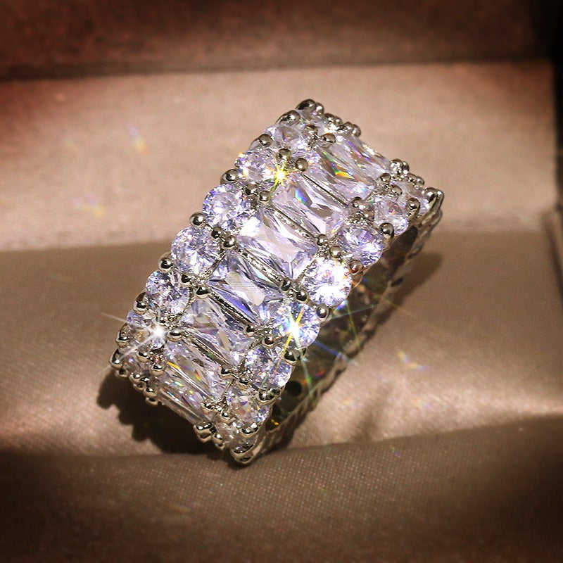 S925 Sterling Silver Triple-Layer Geometric Pavé Wide Band Ring