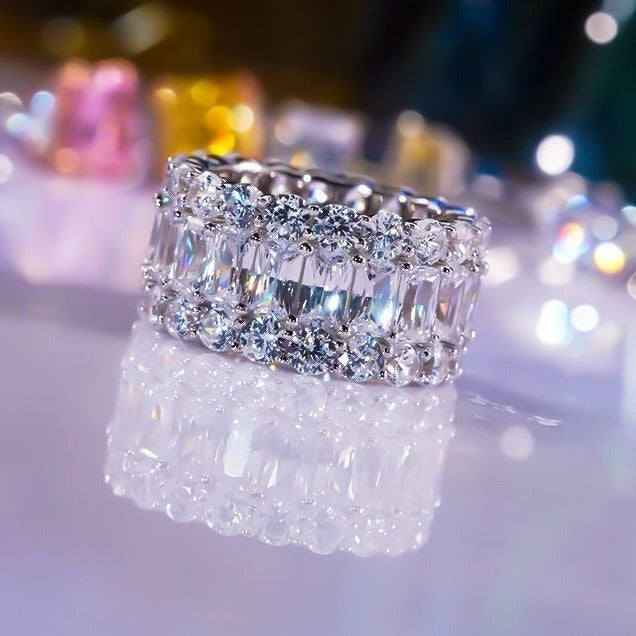 S925 Sterling Silver Triple-Layer Geometric Pavé Wide Band Ring
