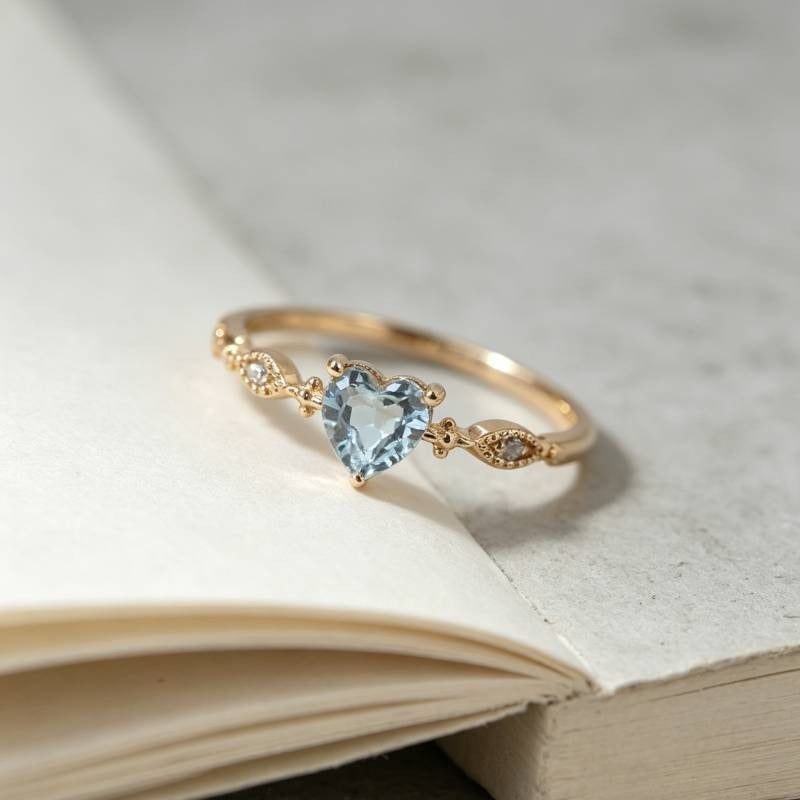 14K Gold-Plated Aqua Heart Vintage Marquise Pavé Ring