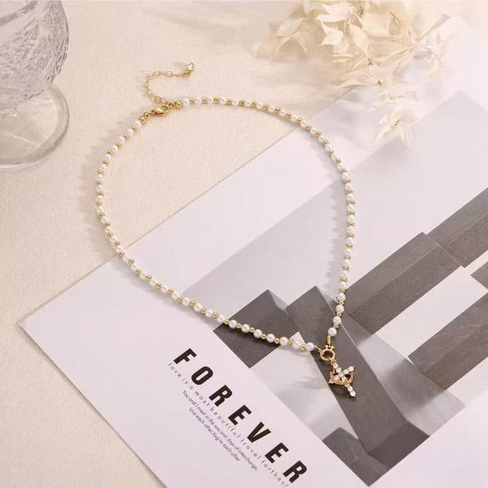 French Elegance Faux Pearl Beaded Micro-Pavé Cross Necklace