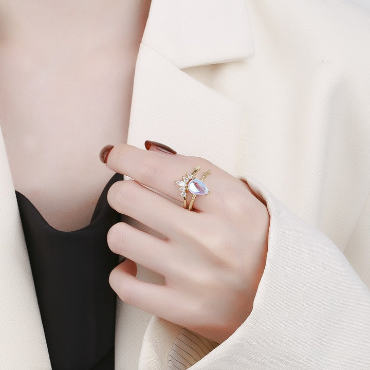 Aurora Crown · Iridescent Teardrop Pavé Adjustable Ring Set