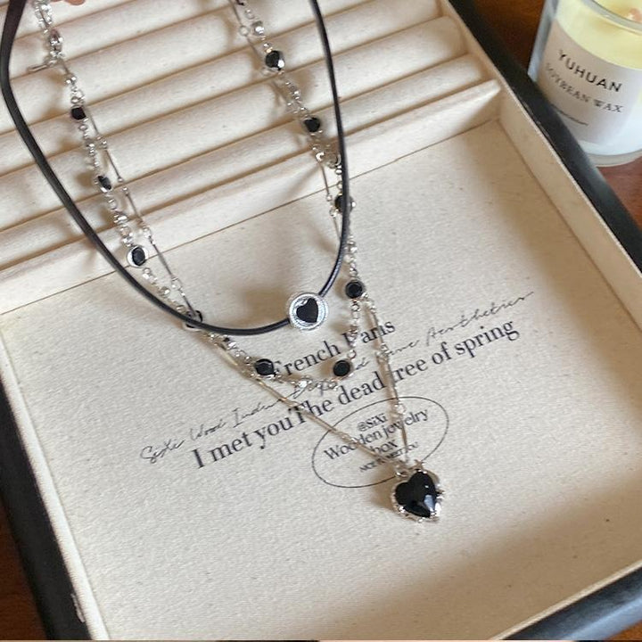 Dark Symphony Y2K Leather Choker Double-Layer Black Stone Necklace Set