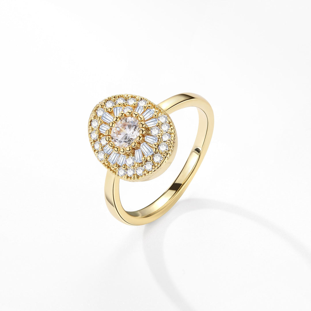 S925 Sterling Silver/14K Gold Plated Vintage Oval Baguette Halo Ring