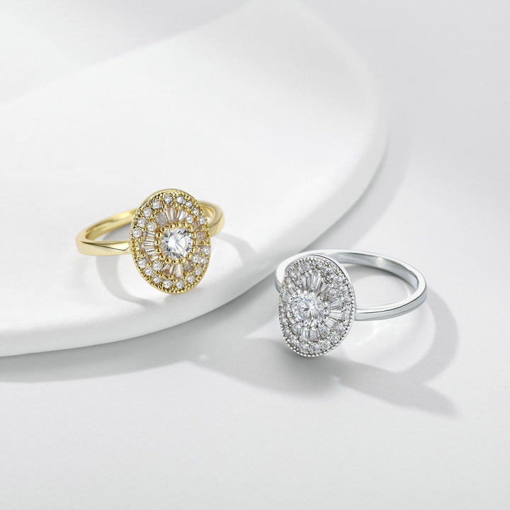 S925 Sterling Silver/14K Gold Plated Vintage Oval Baguette Halo Ring