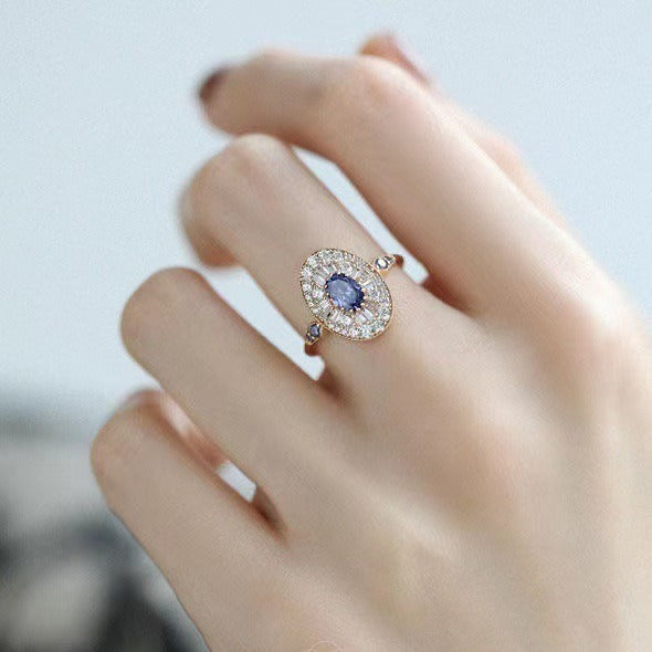 14K Gold Plated Art Deco Sapphire Baguette Halo Open Ring