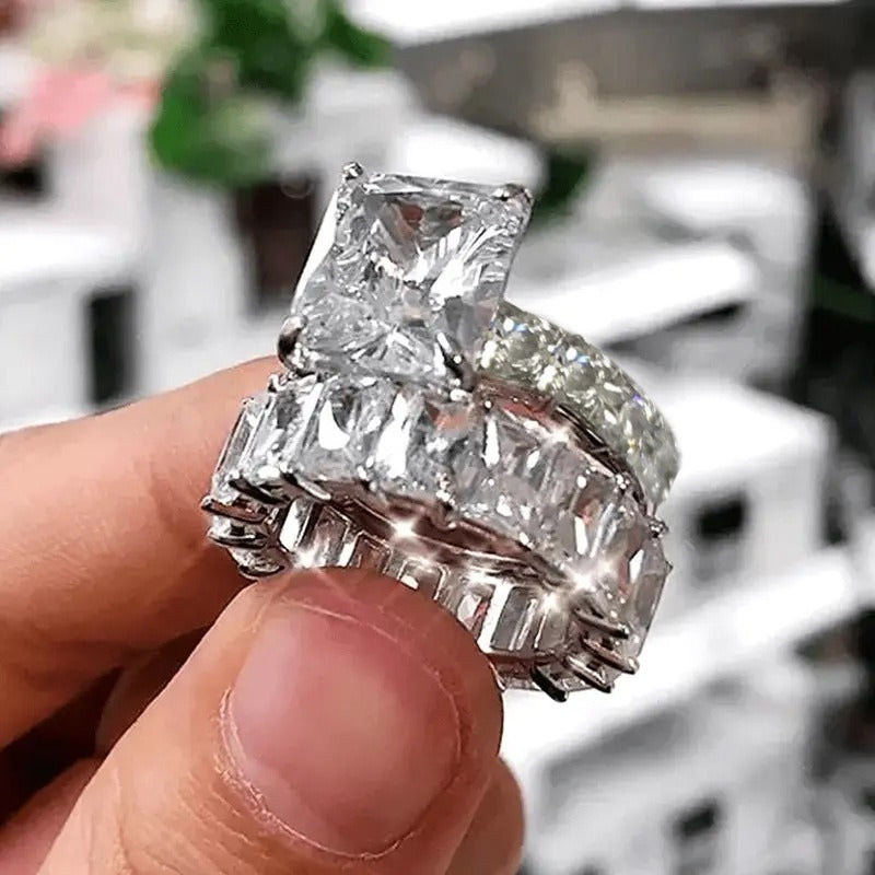 S925 Sterling Silver Emerald-Cut Solitaire Eternity Band Stacking Set