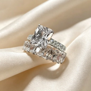 S925 Sterling Silver Emerald-Cut Solitaire Eternity Band Stacking Set