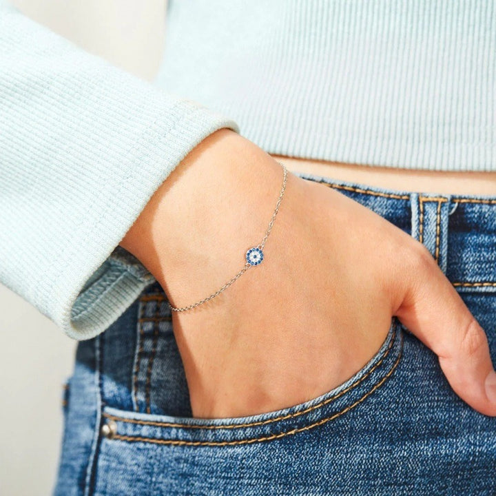 Elegant Guardian Micro-Pavé Blue White Evil Eye S925 Sterling Silver Bracelet