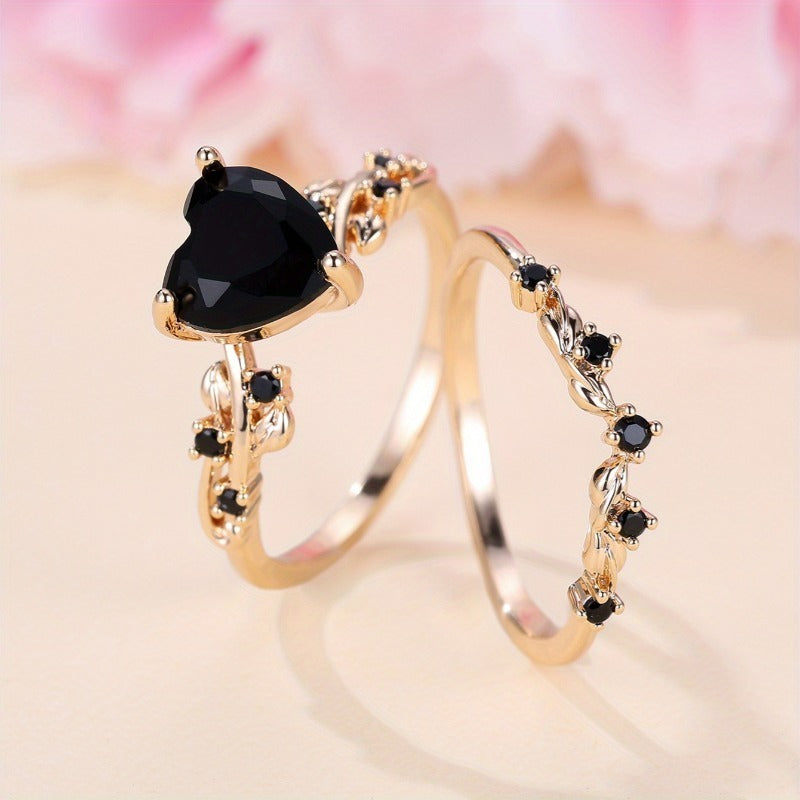 Multi-Color Heart Gemstone Vine Ring Set - Women's Light Luxury Romantic Diamond-Encrusted Accessory