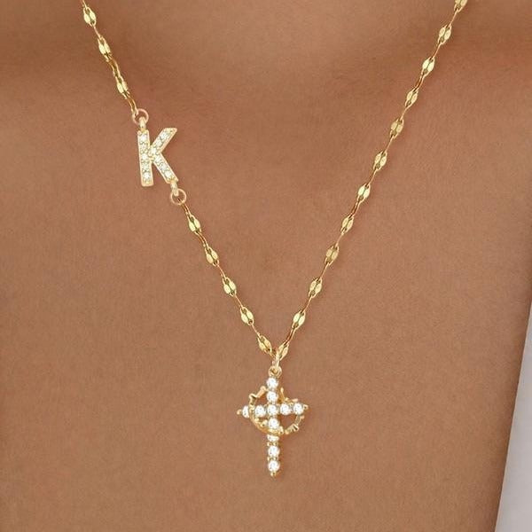 Faith & Initial 18K Gold Letter Cross Layered Necklace