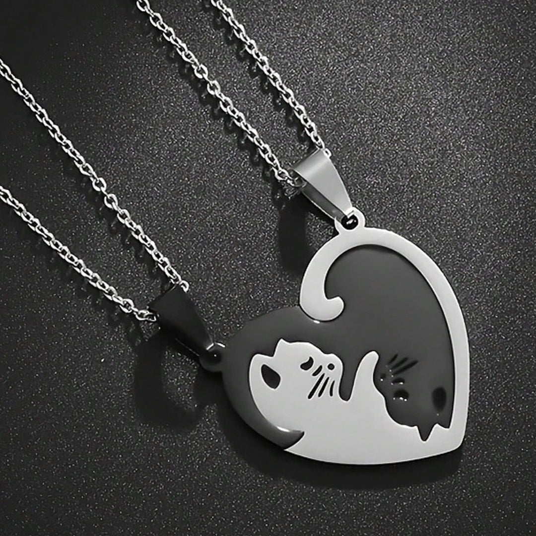 Purrfect Bond Titanium Steel Couple Necklace & Ring Set Adorable Companion Love Token for Two