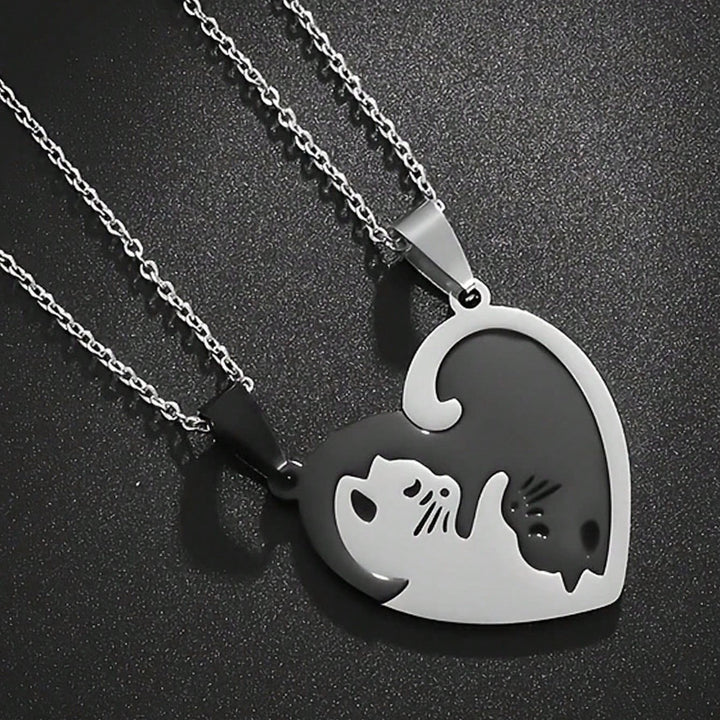 Purrfect Bond Titanium Steel Couple Necklace & Ring Set Adorable Companion Love Token for Two