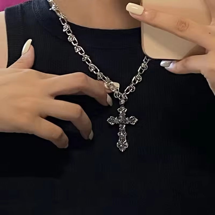 Vintage Divine Edict Stainless Steel Antiqued Carved Cross Necklace Retro Strength Protection at Your Neck