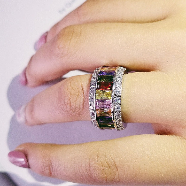 Rainbow Light S925 Sterling Silver Platinum Plated Rainbow Rectangular Diamond Wide Ring