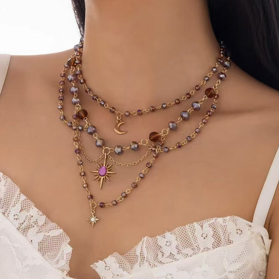 Celestial Lullaby 14K Gold Amethyst Moon Sun Star Layered Necklace