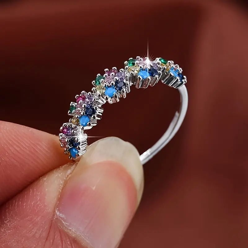 Life's Rainbow S925 Sterling Silver Platinum-Plated 7-Color Blossom Ring