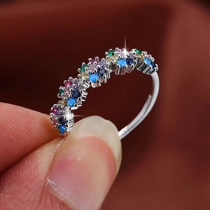 Life's Rainbow S925 Sterling Silver Platinum-Plated 7-Color Blossom Ring
