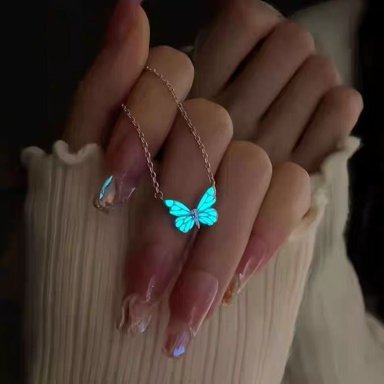 Glow-in-the-Dark Night Butterfly Platinum-Plated Necklace Bracelet Set